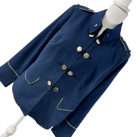 CHICO'S! NAVY BLUE LUXE KNIT, GOLD BUTTON & TRIM NAUTICAL JACKET, BLAZER! SZ S - Picture 1 of 12